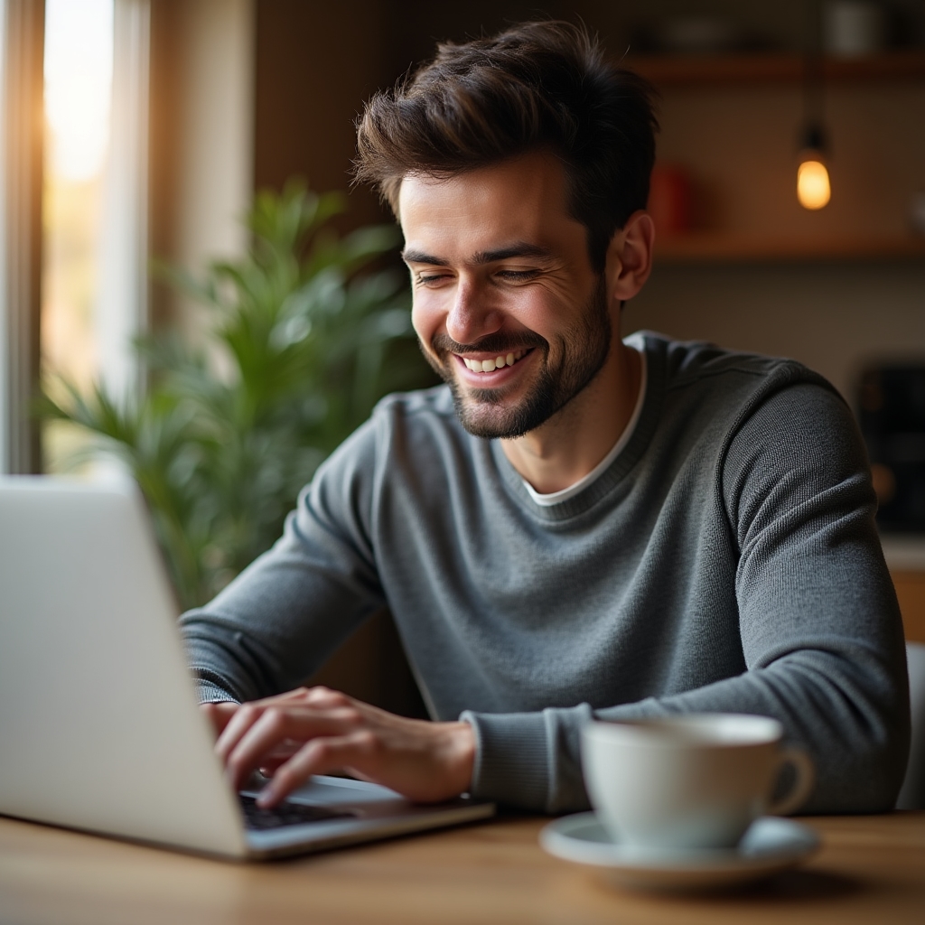 Muž se připojuje k webináři na notebooku u kuchyňského stolu